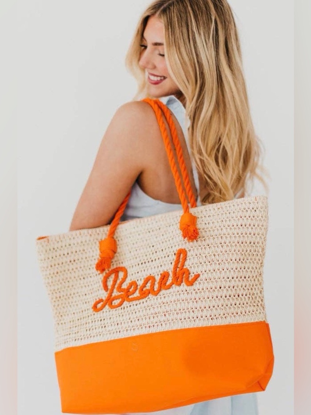 Cream and Orange Crochet Beach Tote with Rope Handles